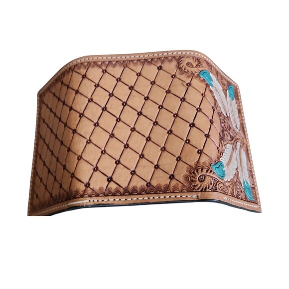Natural Leather Tri-fold Wallet Floral Feathers Tooled by Ranger Belt Company - Picture 4 of 9